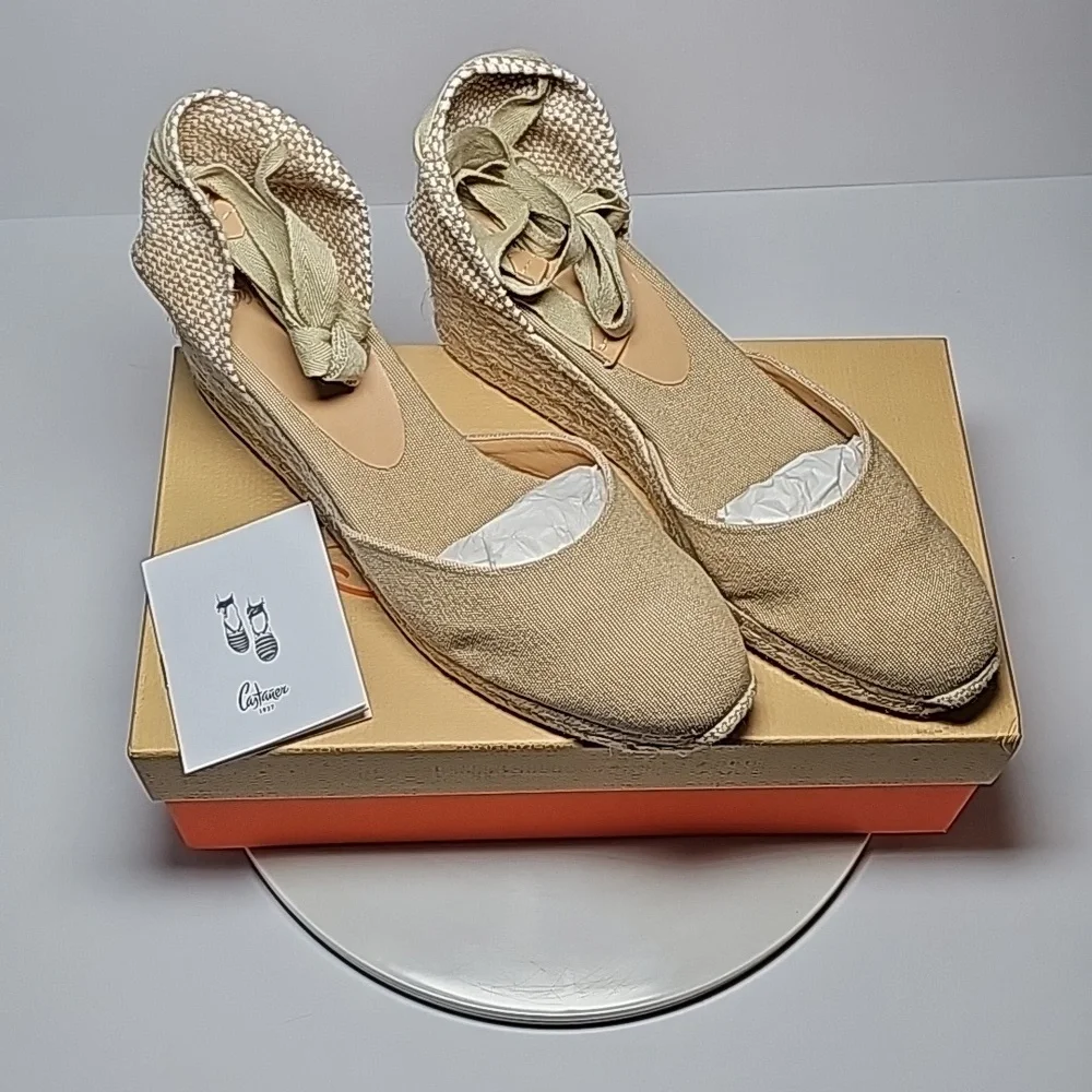 NWB Castaner Carina Sand Canvas Espadrille Wedge Ankle Tie Sandals 10 Jute Heels